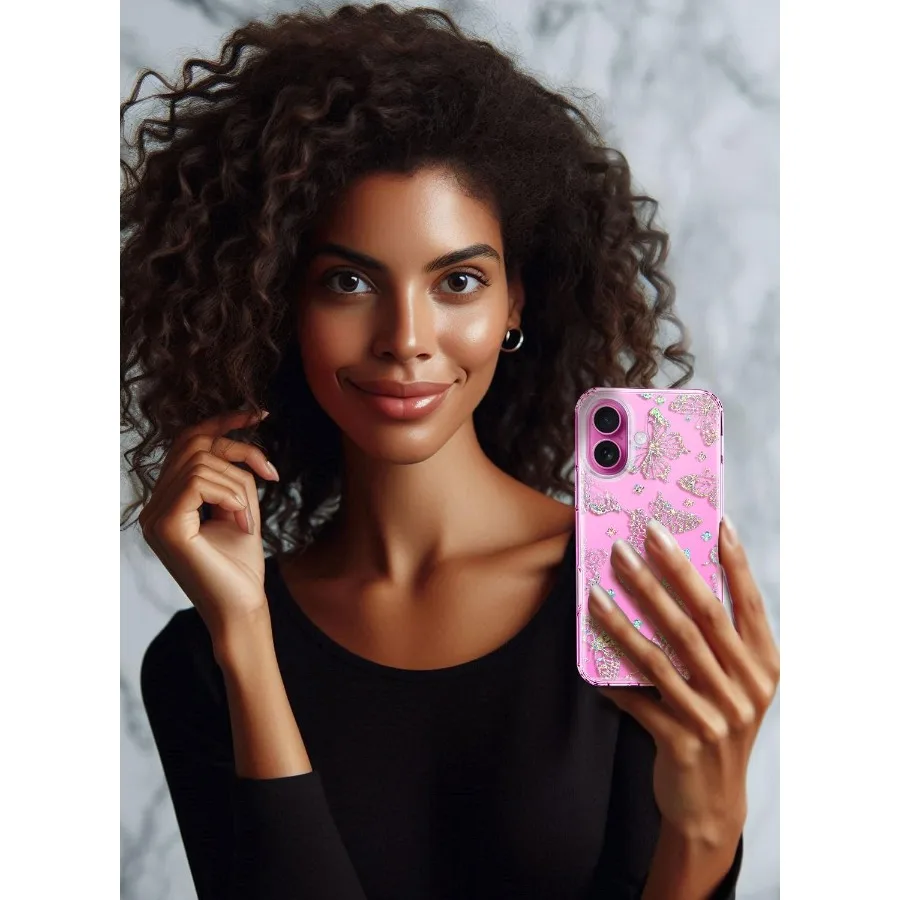 아이폰 16용 투명 글리터 보호 케이스 (스크린 보호필름 포함) 군사 등급 10피트 낙하 방지 디자인 반짝이 크리스탈