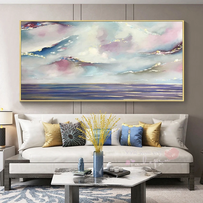 

Blue Sea Colorful Clouds Nordic Abstract Painting Handmade Oil Painting Home Decoration For Bedroom Restaurant Living Room Mural
