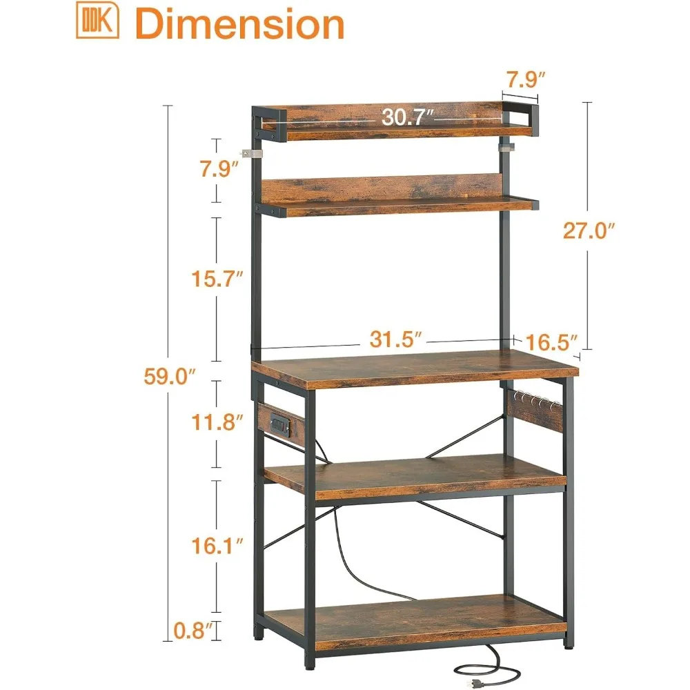 Bakers Rack with Power Outlet, Storage 5-Tiers, Microwave Stand Kitchen Rack 16.5 * 31.5 * 59 inches, Kitchen Island