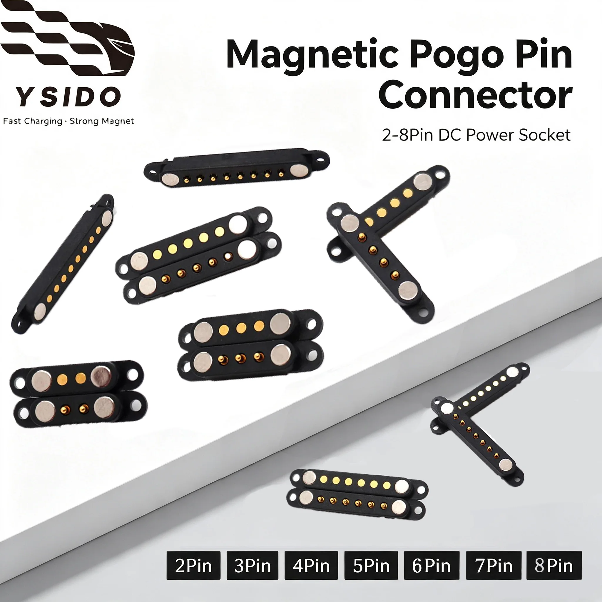 YSIDO Magnetic Pogo Pin Connector 2-8Pin DC Male Female Power Strip With Ears 1/3/5Pair Magnet Charging Socket Plug Cable