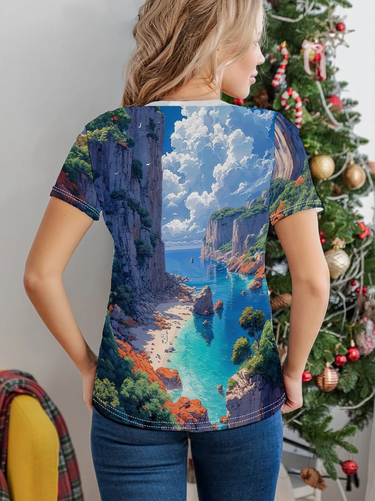 Landscape T-shirt Casual Crew Neck Short Sleeve Top For Spring & Summer Women\'s Clothing