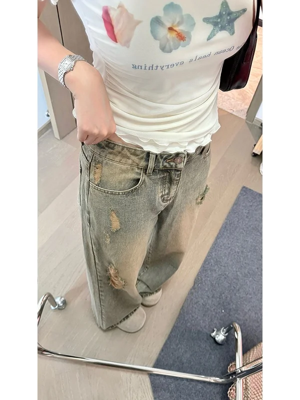 

Джинсы из хлопка Waing: комфортные, дышащие, с высокой талией, прямые, с перфорацией, летняя новинка, женские.