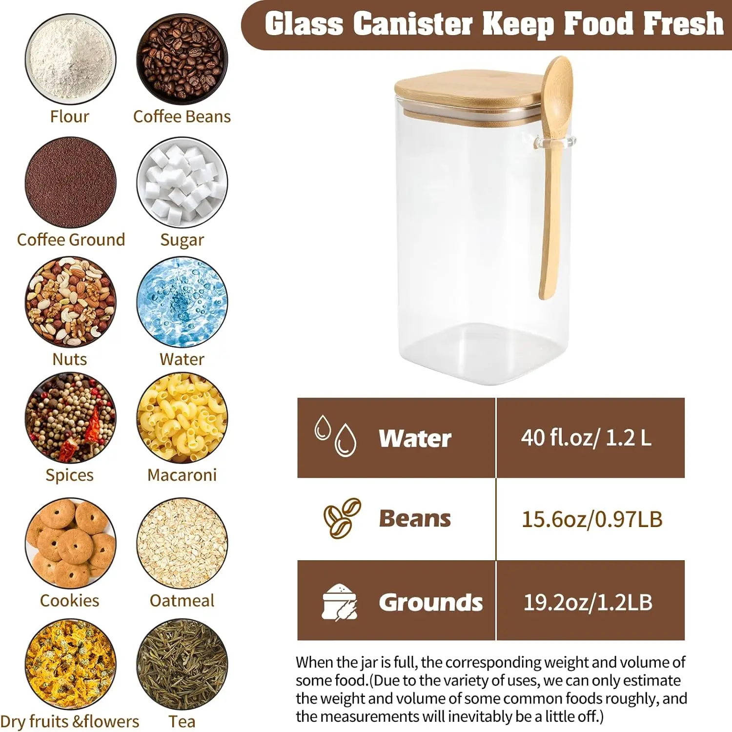 Glass Square Storage Jar with Bamboo Lids Spoon Glass Coffee Canister Food Container for Beans Pasta Candy Spice Rice Loose Tea