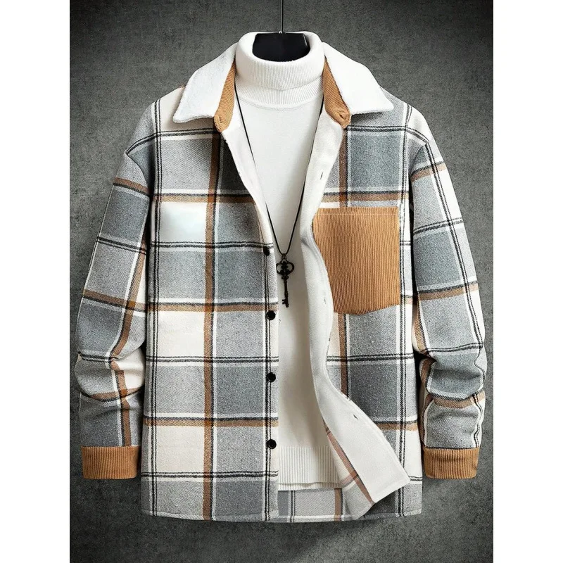 

Men's Plaid Splicing Coat Long Length Woolen Coat Spring Season Fashion Outerwear Male Model Wearing the Coat