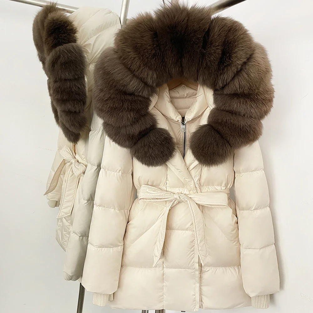 OFTBUY New Winter Real Fur Outerwear Women's Down Jacket with Real Fox Fur Belted Waist Mid-Length White Duck Down Puffer Coat
