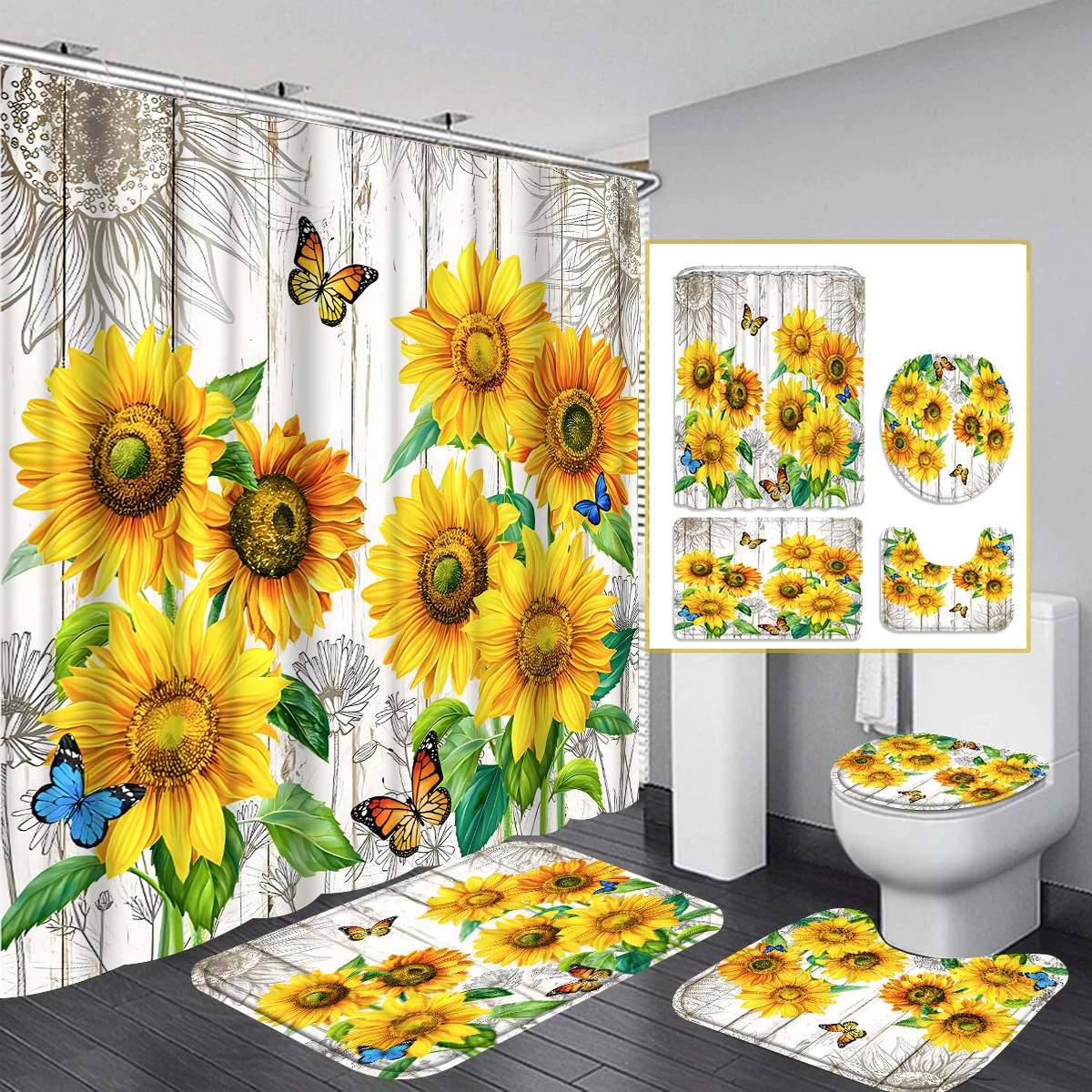 1/4 Piece Shower Curtain Set, Waterproof Bathroom Partition Curtain with Hooks, Anti-Slip Bath Rug, U Shape Mat, Toilet Seat Cov