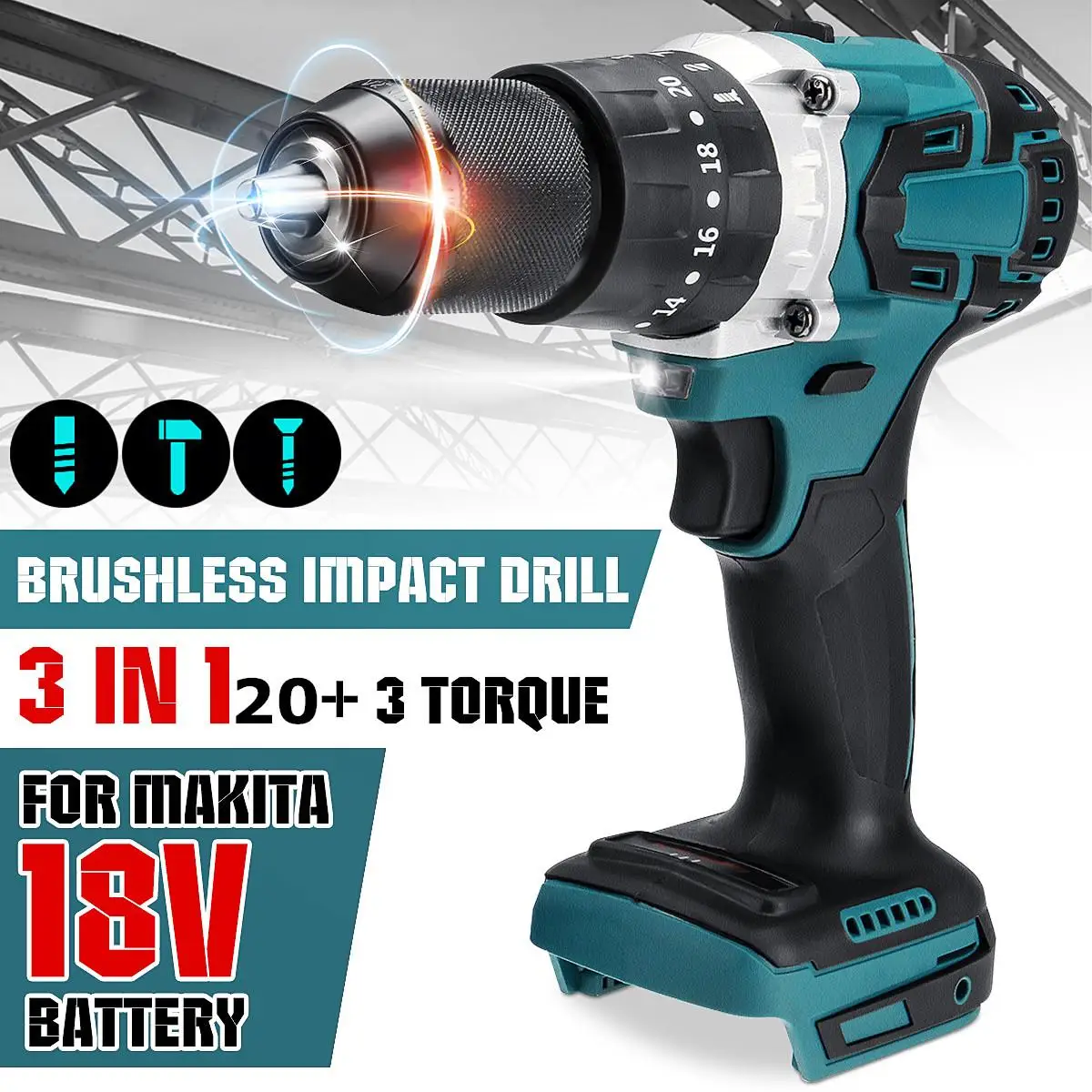 

3 in 1 13mm Brushless Electric Impact Drill Hammer 2 Speed Cordless Screwdriver 20+3 Torque Power Tool for Makita 18V Battery