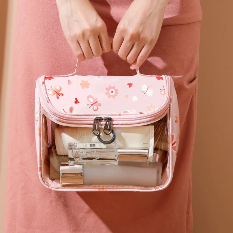 1Pc Flower Printed Makeup Bag Transparent PU Waterproof Portable Travel Cosmetic Pouch Cute Convenient Toiletries Bag for Women image 2