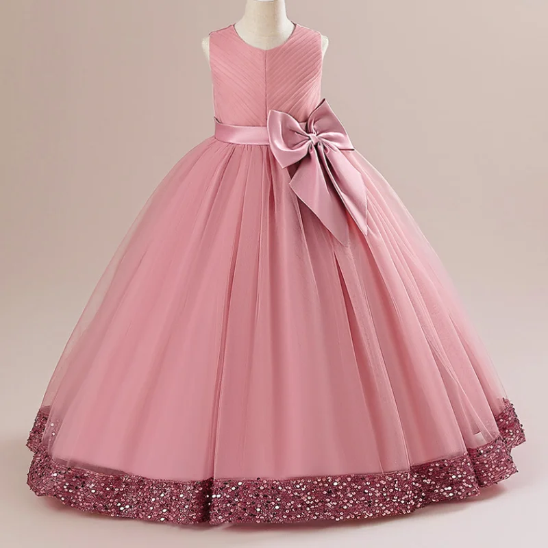 

Summer New Sleeveless Youth Girl Big Butterfly Sequin Mesh Long Dress Graduation Ceremony Carnival Party Dress for 4-14 Years