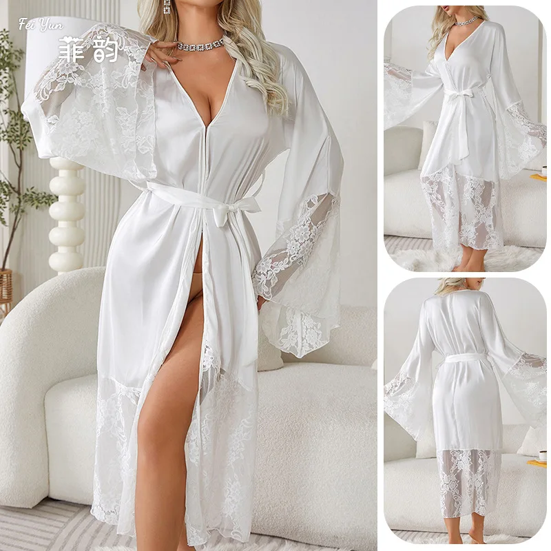 

Women Robe Long Elegant Kimono Bathrobe Bride Wedding Gift Dress Lace Patchwork Nightgown Lady Loose Homewear Intimate Lingerie