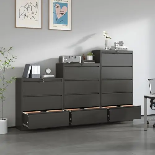 4 Drawer Lateral File Cabinet with Lock Black Metal Filing Cabinet | Heavy Duty Large Steel Storage Cabinets for Home