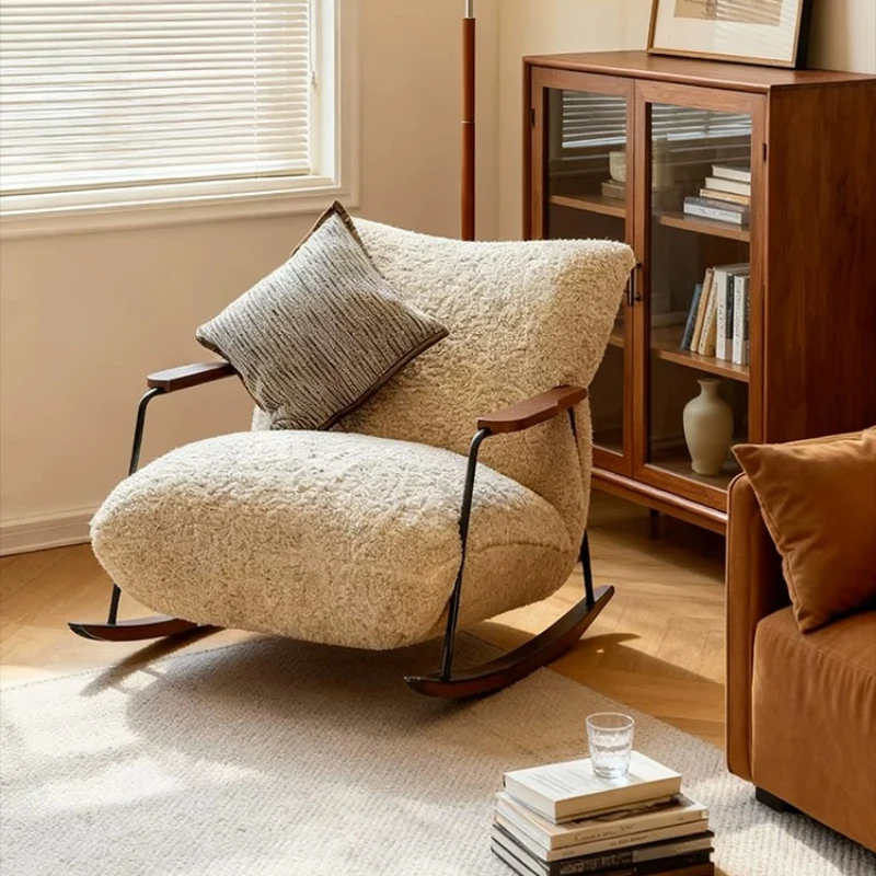 Vintage French Cozy Rocking Rest Furnish Soft Fluffy Lamb Wool Single Accent Seating Rocker Lounge Furnish Studio Living Room