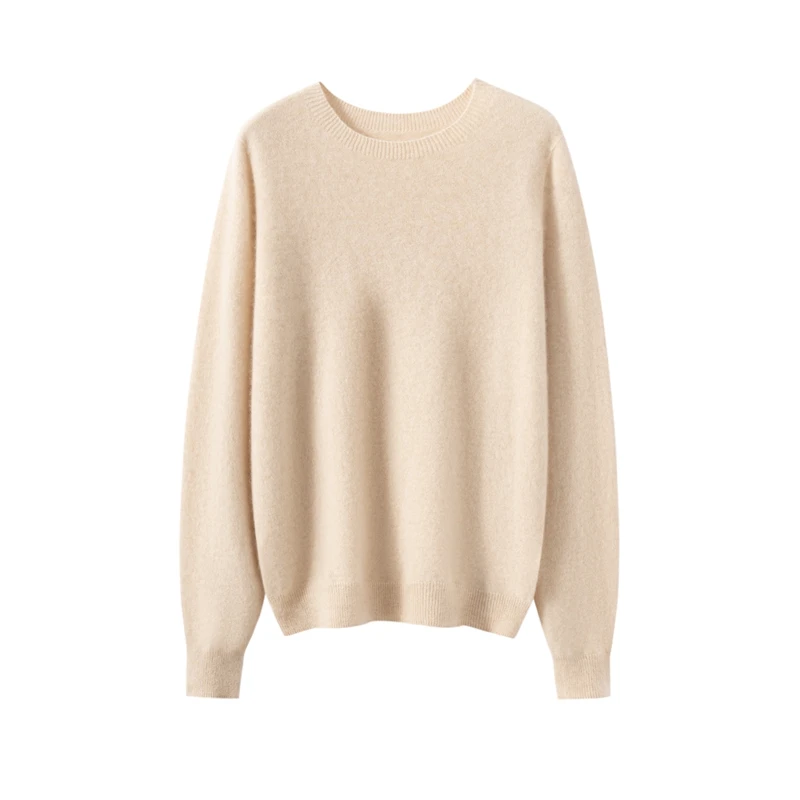 12GG Binding O-Neck Chic Long Sleeve Sweater High Quality 100% Cashmere Knitted Basic Soft Solid Women's Pullovers Warm Tops