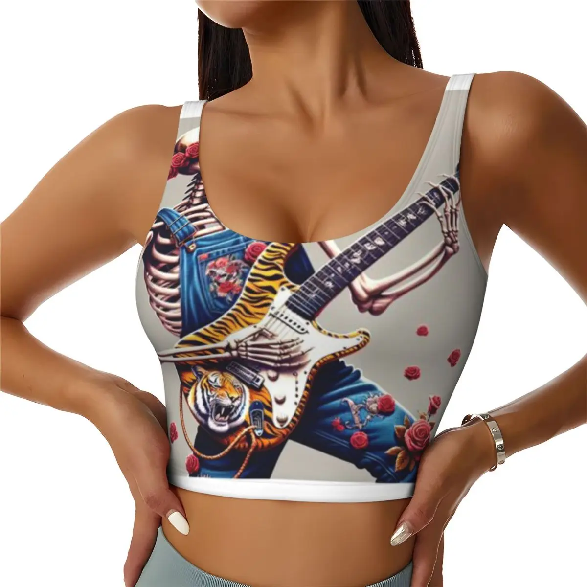 Fitness Vest Women Dead Skeleton On Tiger Roses Electric Grateful Guitar Street Running Off Shoulder Sports Top
