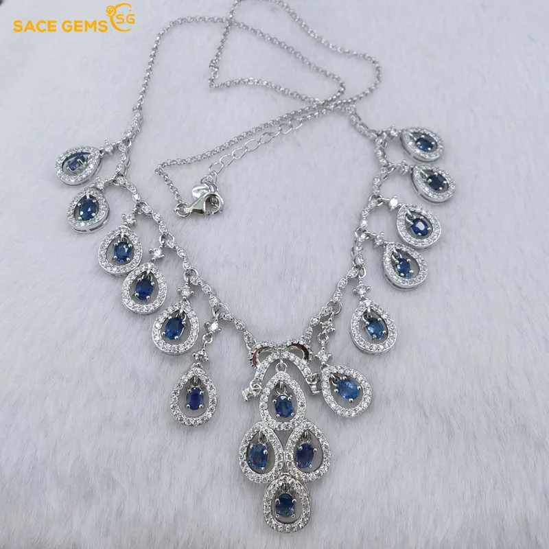 

SACE GEMS Luxury Gemstone Necklace 925Sterling Silver Sapphire Pendant Necklace for Women Engagement Cocktail Party Fine Jewelry