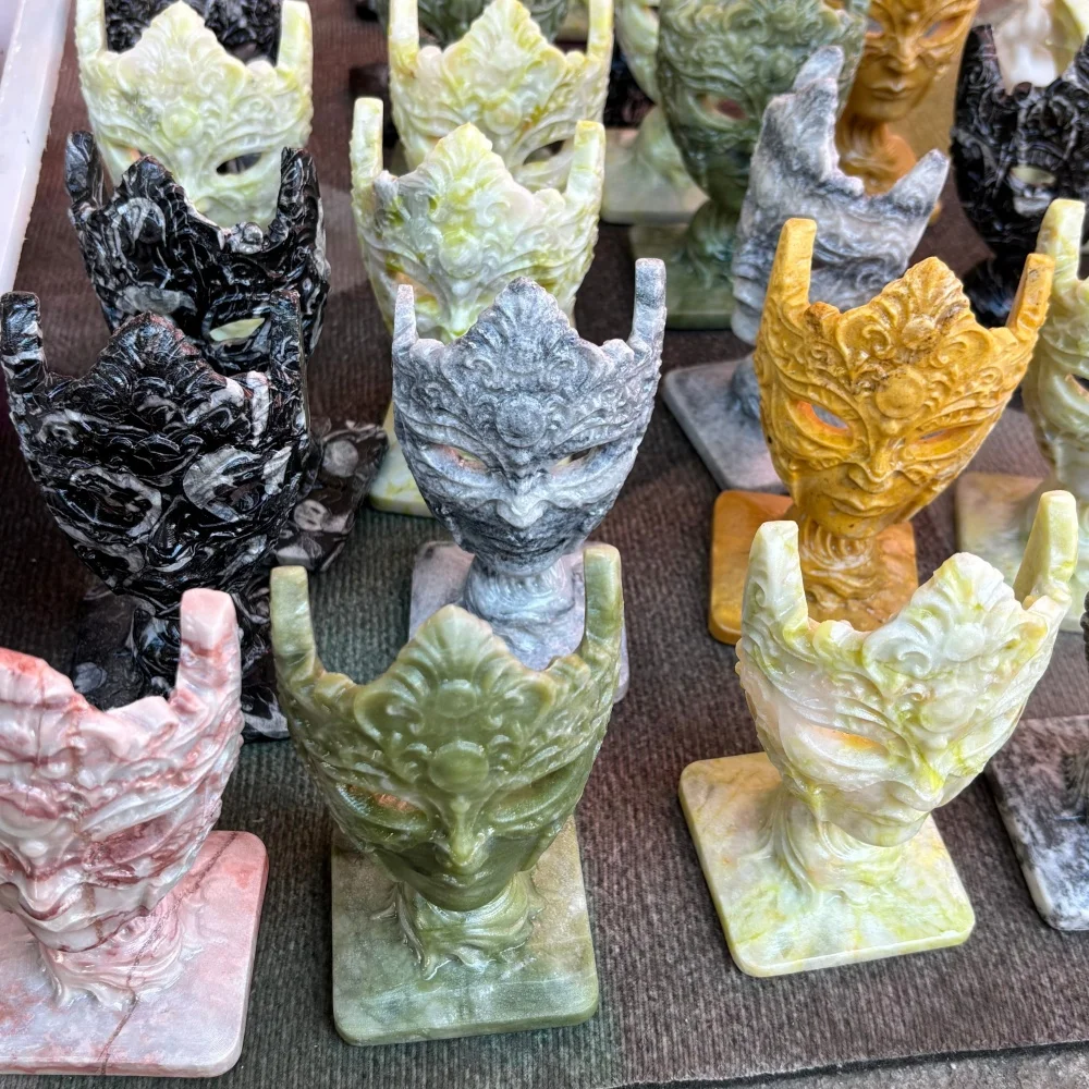 1PC Natural Serpentine Mask Crystal Carving Statue Venetian Mask Gemstone Figurine Home Decor Art Ornament