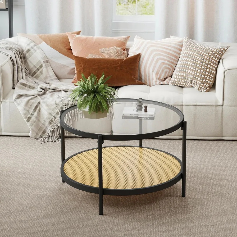 

27" Round Coffee Table, 2-Tier Table with Glass Top , Customized