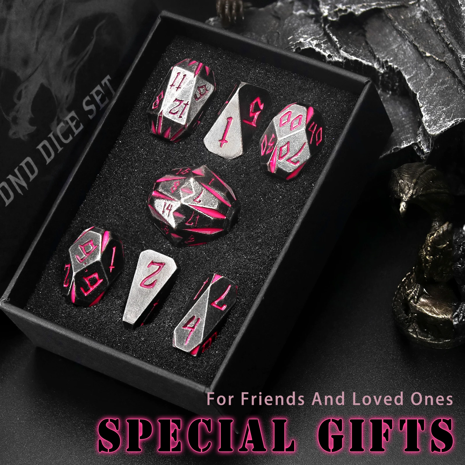 مجموعة نرد معدنية DND، ZHOORQI 7 قطع نرد متعدد السطوح للزنزانات والتنينات، هدايا ألعاب لعب الأدوار RPG #3