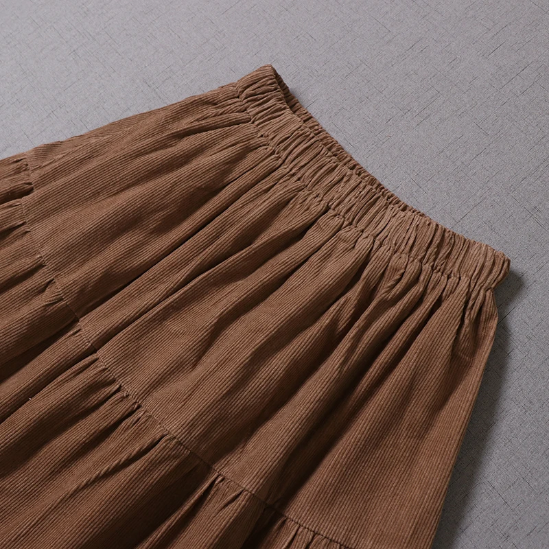 Free Shipping 2022 New Fashion Long Maxi Skirts Women Elastic Waist Winter Autumn Corduroy Skirt Lace Japan Style Embroidery