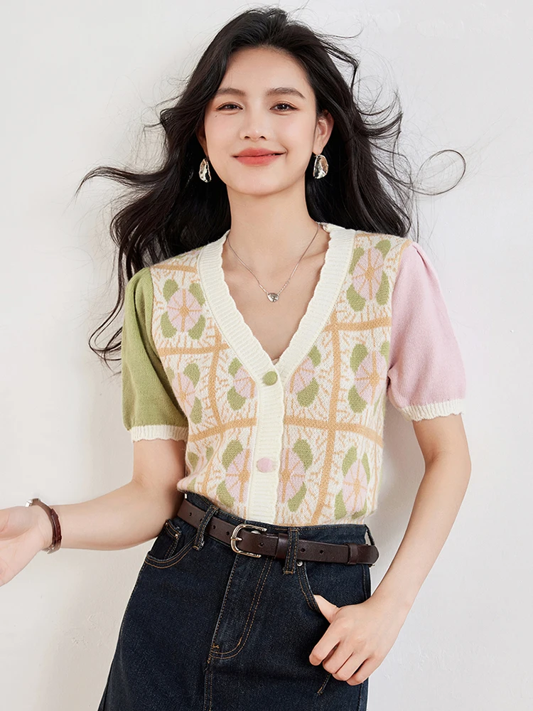 Sweet Printed Knitted T Shirt Women Summer Patchwork Short Sleeve Crop Tops Woman Summer V Neck Cardigan Sweater