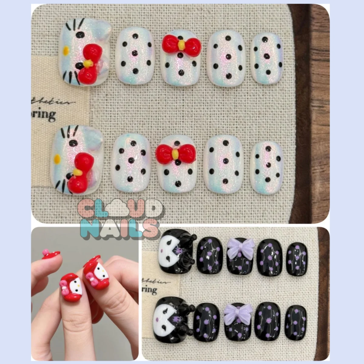 

10Pcs Sweet Cartoon Hello Kitty Handmade Nail Sticker Cute Spot Red White Flower Short Square Round Nail Party Sticker Fake nail