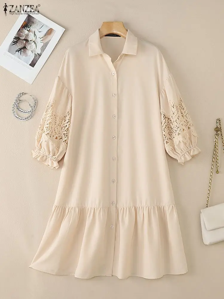 2026 ZANZEA Spring Lace Crochet Sundress Summer Mini Dress Women Stylish Embroidered Party Dress 3/4 Sleeve Office Vestido Robe