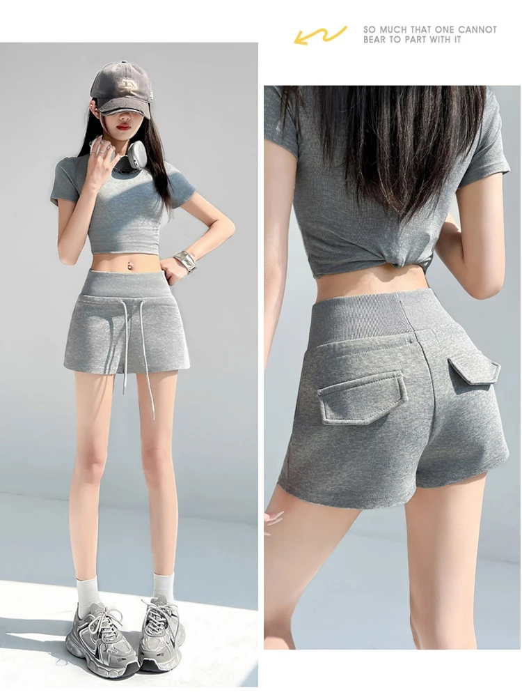 

Американские спортивные шорты в стиле Spicy Girl на шнуровке, женские, летние, 2026, новые, для активного отдыха, с высокой талией, А-силуэт, повседневные, серые, прикрывающие ягодицы