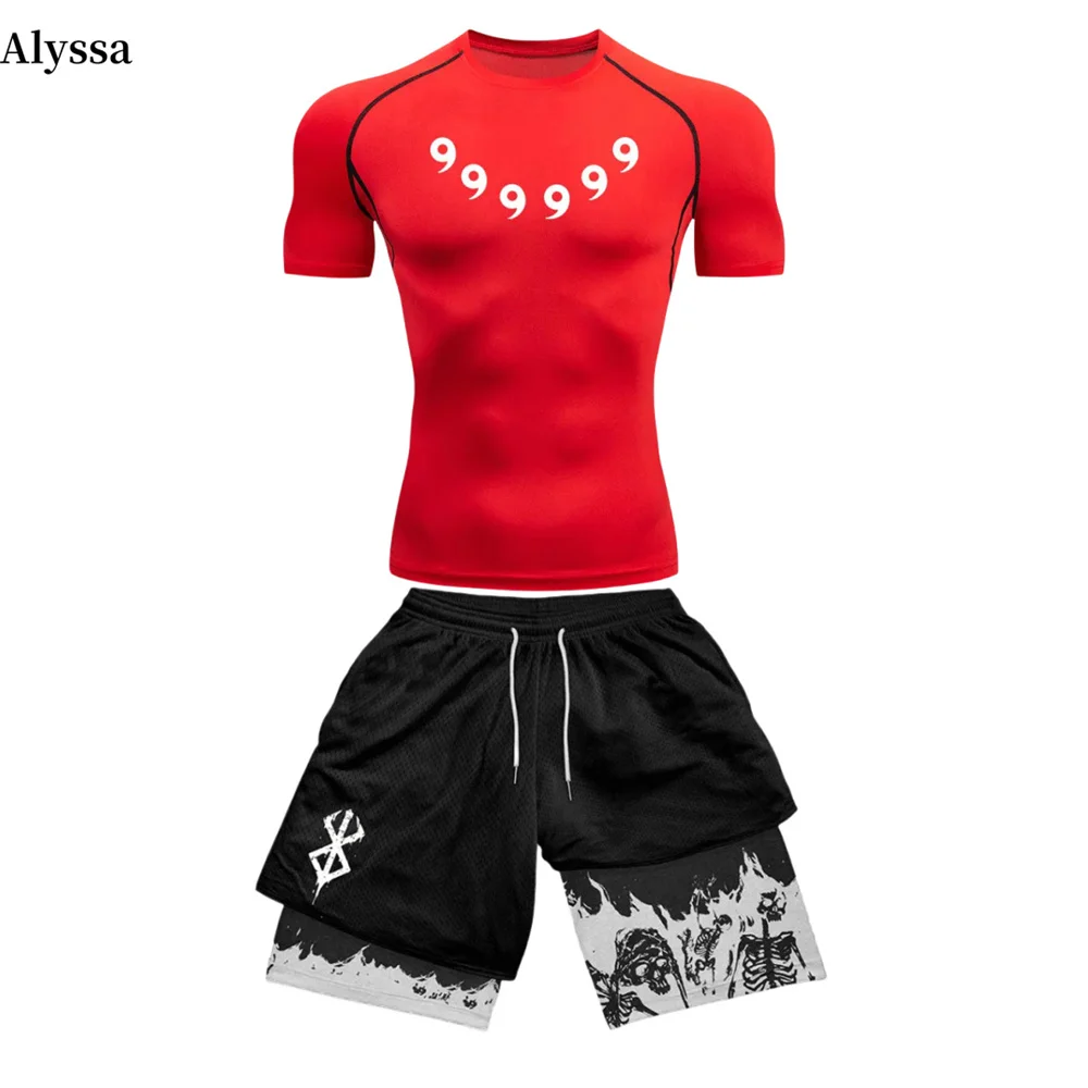 Anime Men Compression Tight Suit Quick-drying Short-Sleeved Double-Layer Shorts GYM Sports Fitness Suit Casual Summer Sportwear