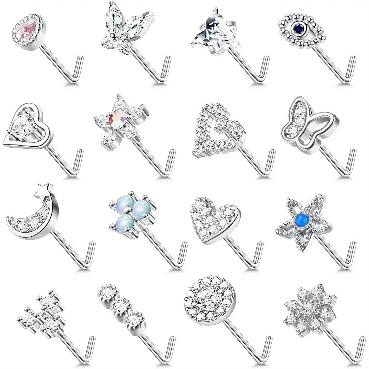 Drperfect 22G Nose Studs Surgical Steel L Shaped Nose Rings Studs for Women Opal CZ Heart Butterfly Nose Piercing Jewelry