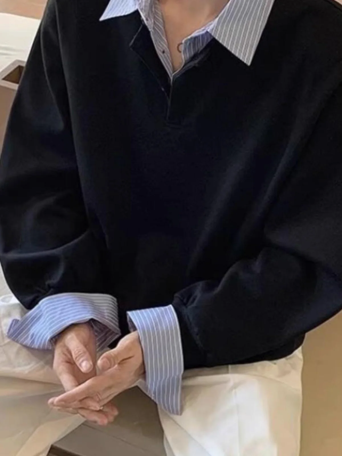 

Мужская весенне-осенняя рубашка большого размера 300 Pou в корейском стиле, имитация двухслойной рубашки с воротником, базовый слой, внутренняя рубашка, топ