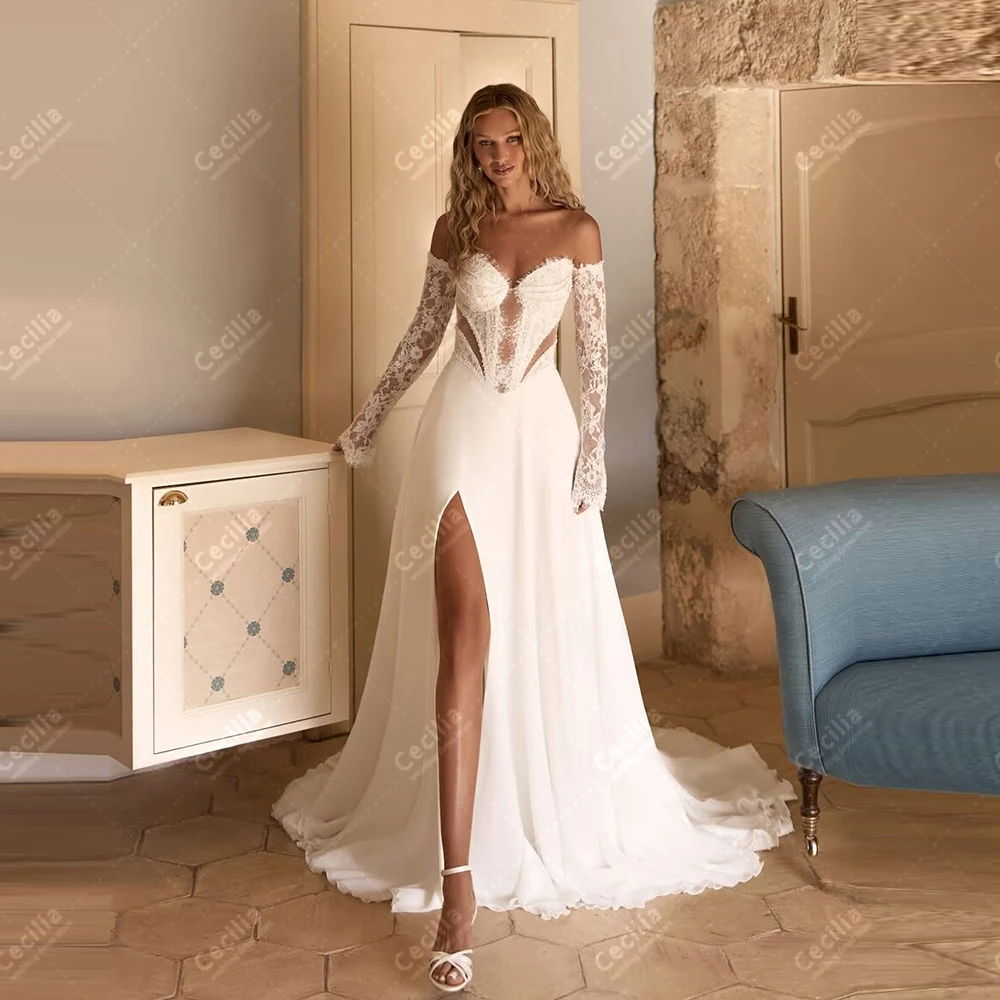 

Graceful Wedding Dresses Vintage Bridal Gowns Lace Appliques Off Shoulder Robes Sexy High Slit Vestidos De Novia 2026 Customized