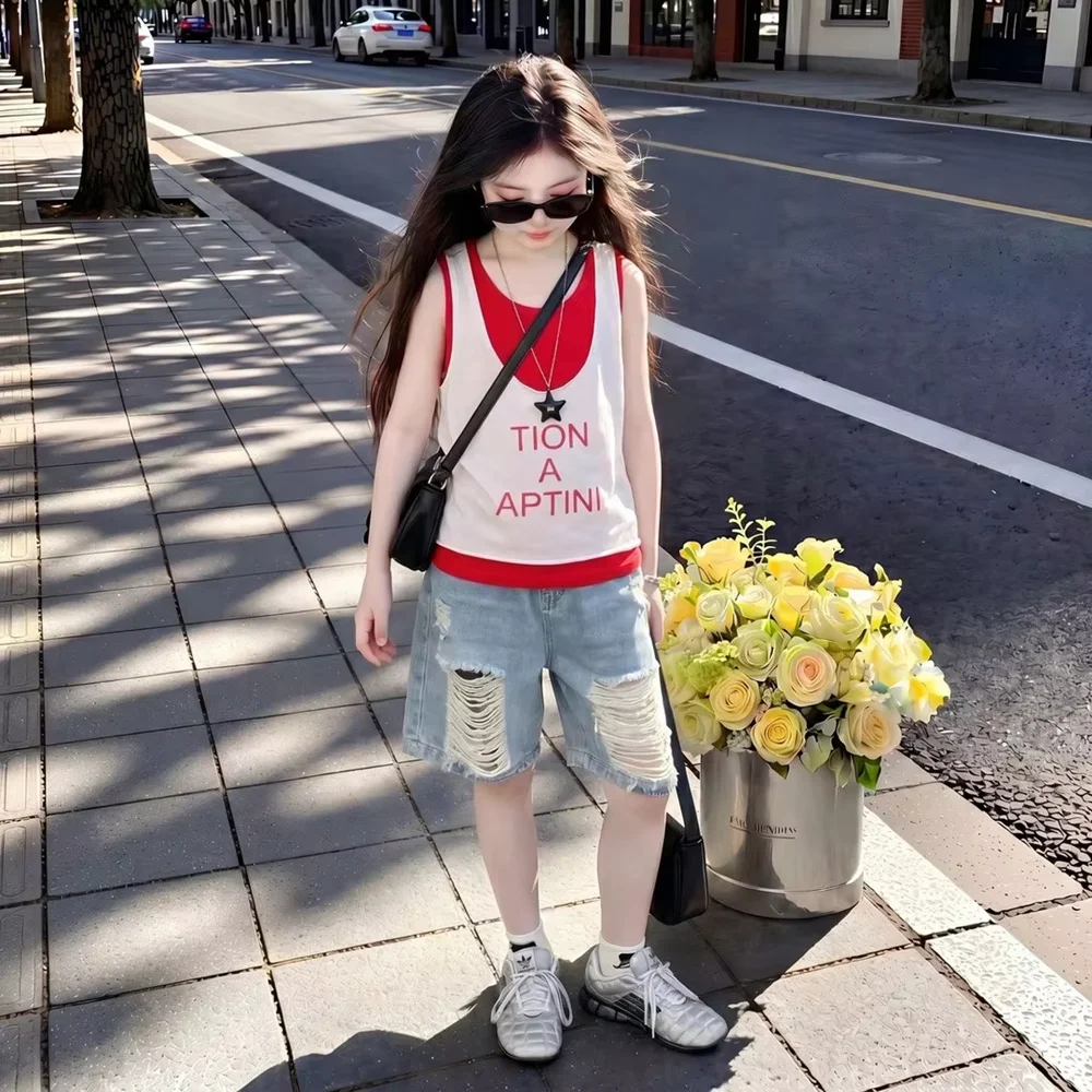 Girls Summer Set Fashionable Children's Layered Vest And Ripped Jeans Two-Piece Suit Kids Clothing Set 120-170CM