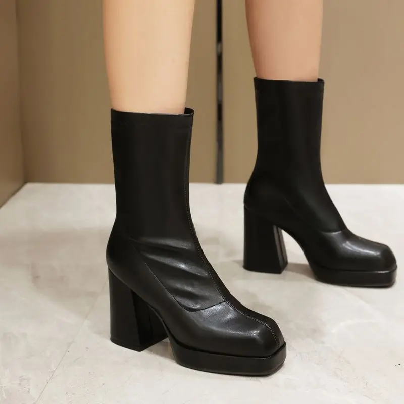 REAVE CAT Women Stretch Boots Square Toe Block Heels 9cm Platform Slip On Plus Size 45 46 47 Korea Fashion Dating Mid Calf Bota