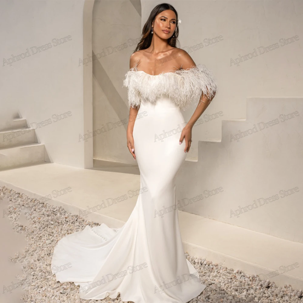 Charming Wedding Dresses Satin Bridal Gowns Feather Decorate Sheath Mermaid Floor Length Robes Elegant Vestidos De Novia 2024