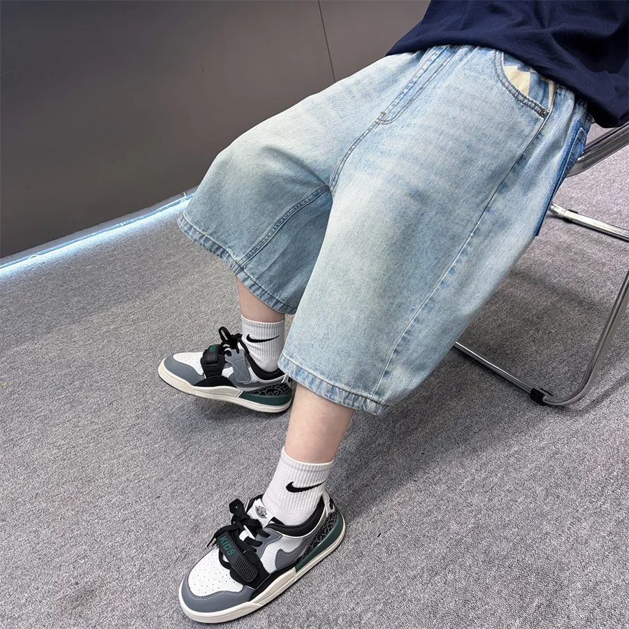 Loose Straight Children's Denim Shorts with Plaid Pocket for Boy Casual Knee Length Capris Jeans Teens Child Summer Shorts 5-14Y