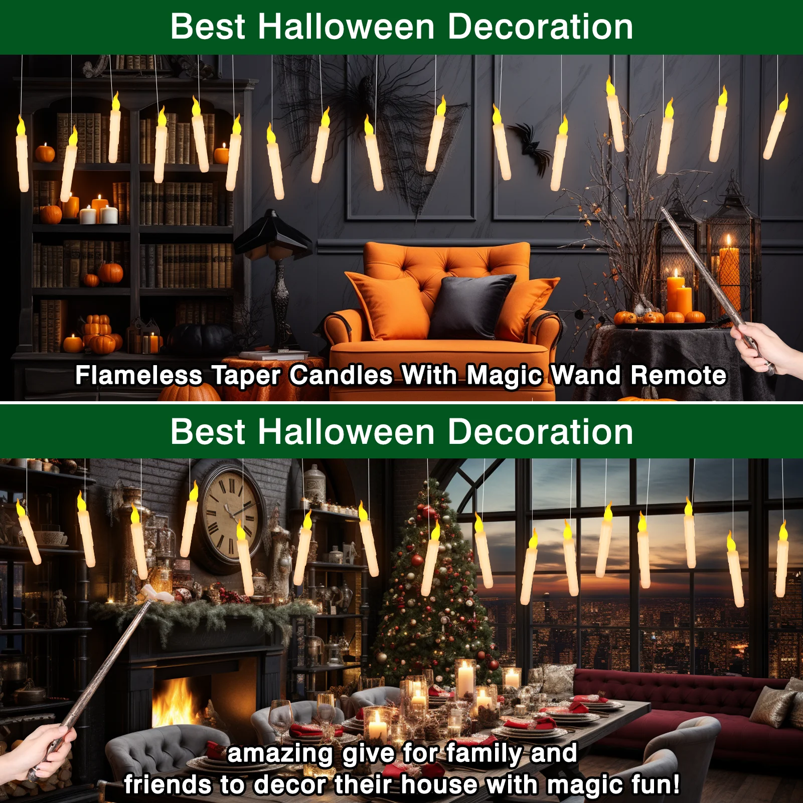 Floating Candles with Wand Magic Hanging Candles Flameless Flickering LED Taper Candle with Wand Remote Battery Window Candles