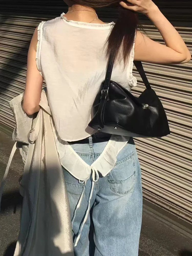 Elegant V-Neck Sleeveless Shirt Women's Thin Design Back Hollow out Bow Tie Chic Top Commute Style Pure Color Summer Shirt
