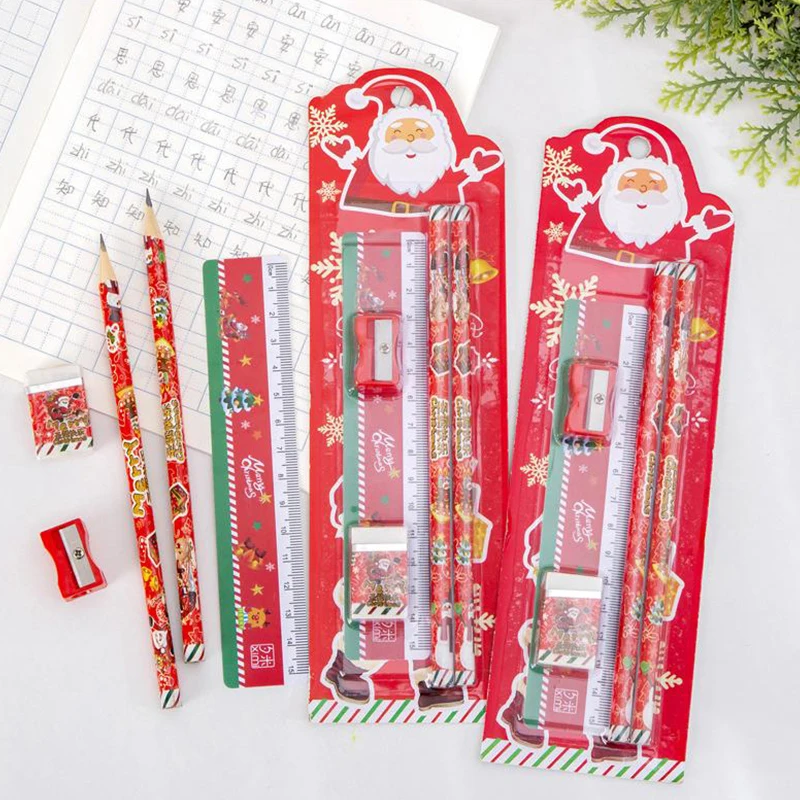 5Pcs/set Cute Christmas Stationery Set Santa Claus Pencil Ruler Pencil Sharpener Eraser School Supplies Children Prizes Gift