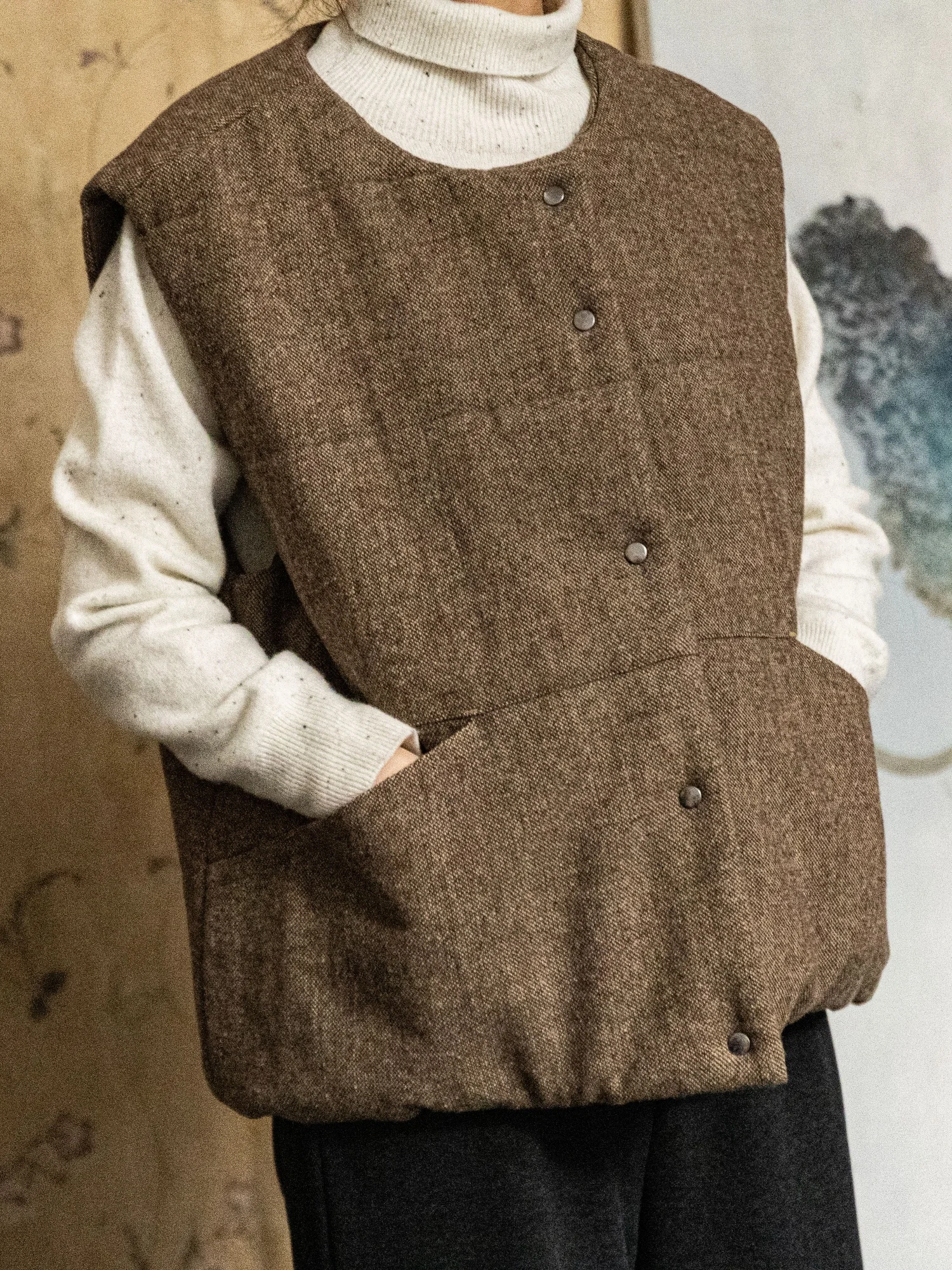 

Original Vintage Woolen Vest Women's Versatile Svel Jaet Outerwear Rainwen Ci Sli Casual round Ne Design