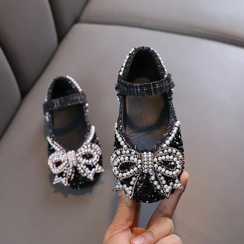 Girls Shoes Bling Single Shoes for Stage Performance Mary Janes Bow Crystal Glitter Wedding Flats Dance Party Leather Shoes New