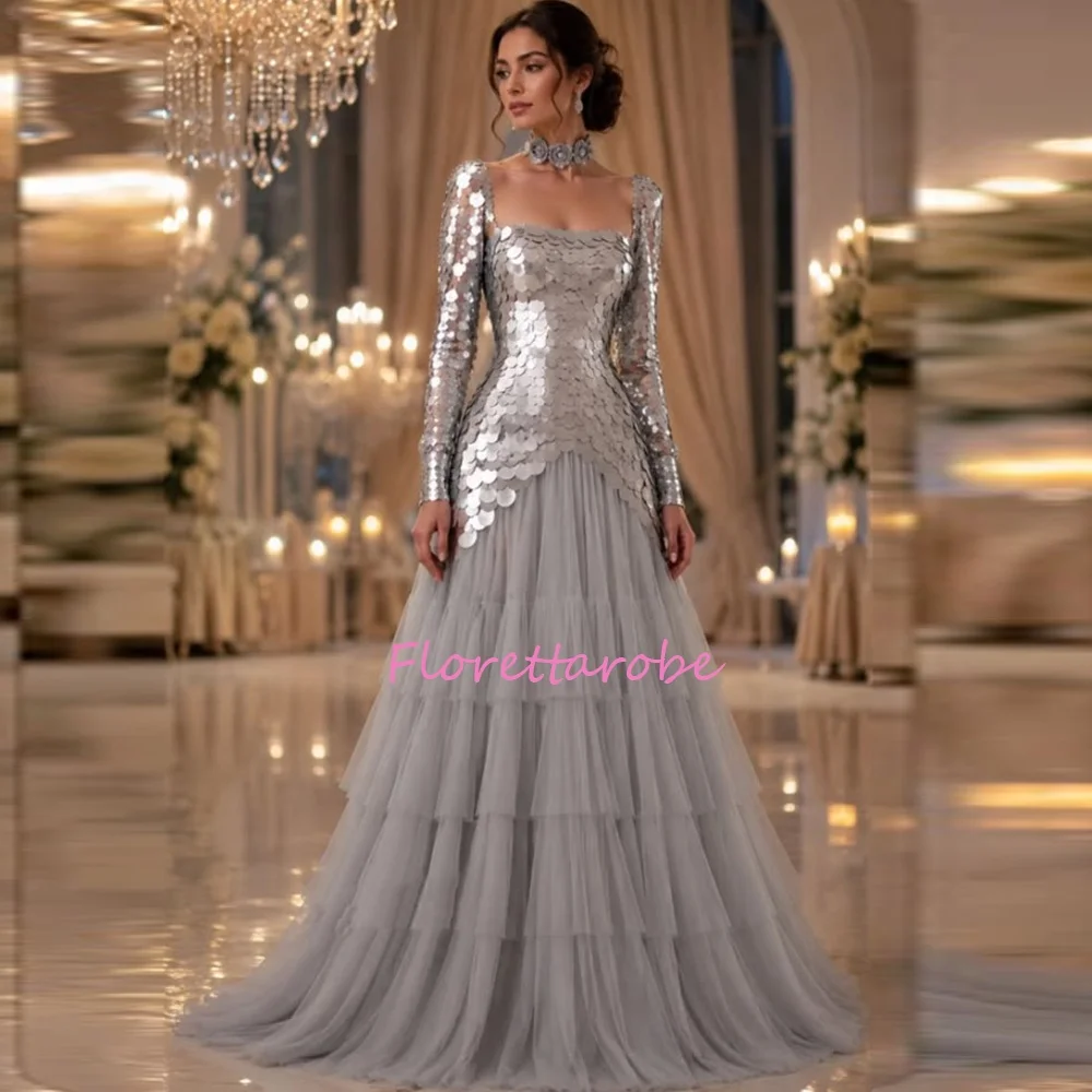 Maßgeschneiderte Exquisite Mode Tüll Plissee Pailletten Abendkleider A-Linie Quadratischer Ausschnitt Langes Abendkleid Hohe Qualität