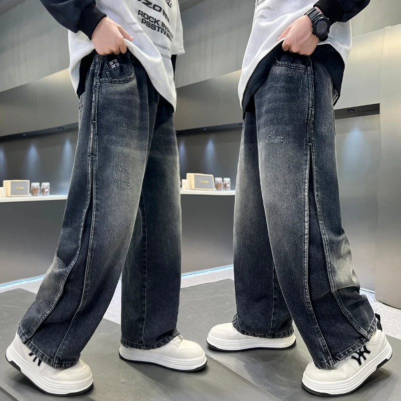

y2k American Kids Child Retro Harajuku Simple Pocket Dark Grey Stretch Wash Jeans For Boys Slim Straight Fashion Denim Pants