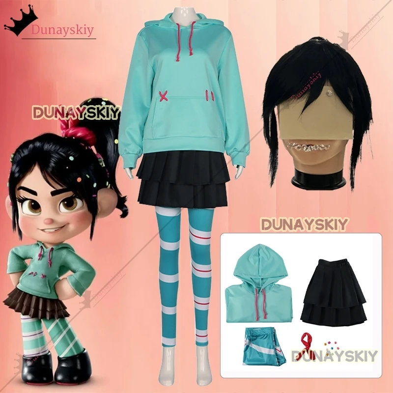 Vanellope Von Schweetz Cosplay Costume Girl's Hoodies Skirt Wig Uniform 2025 Anime Performance Clothing for Woman/Child