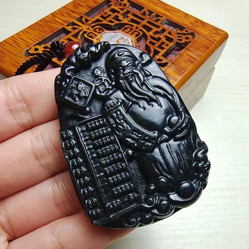 Natural Medicine King Stone God of Wealth Pendant, Ink Jade Necklace Pendant Fashion Versatile Ethnic Style Necklace