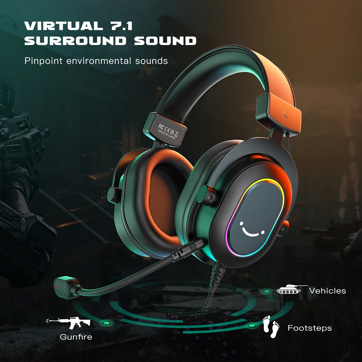 Fifine-Auscultadores Dinâmicos RGB para Jogos com Microfone, Auscultadores Over-Ear, Som Surround 7.1, PC, PS4, PS5, 3 Opções de EQ, Jogo, Filme,