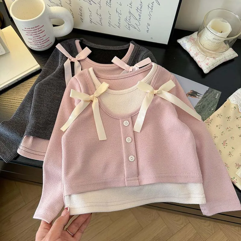 

Весенне-осенний детский свитшот для девочек с бантом и контрастными вставками, с длинными рукавами, для детей 1-10 лет