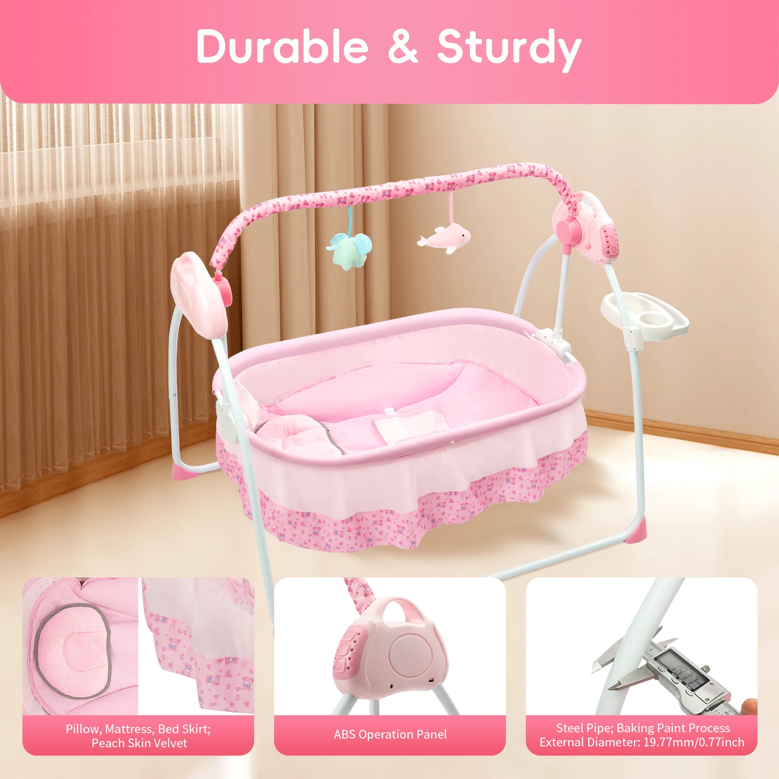 Baby Cradle Swing - 12 Songs/Bluetooth/USB, 5-Speed Adjustable Swing, Safety Belt&Anti-Tip Design,Breathable Fabric & ABS Frame