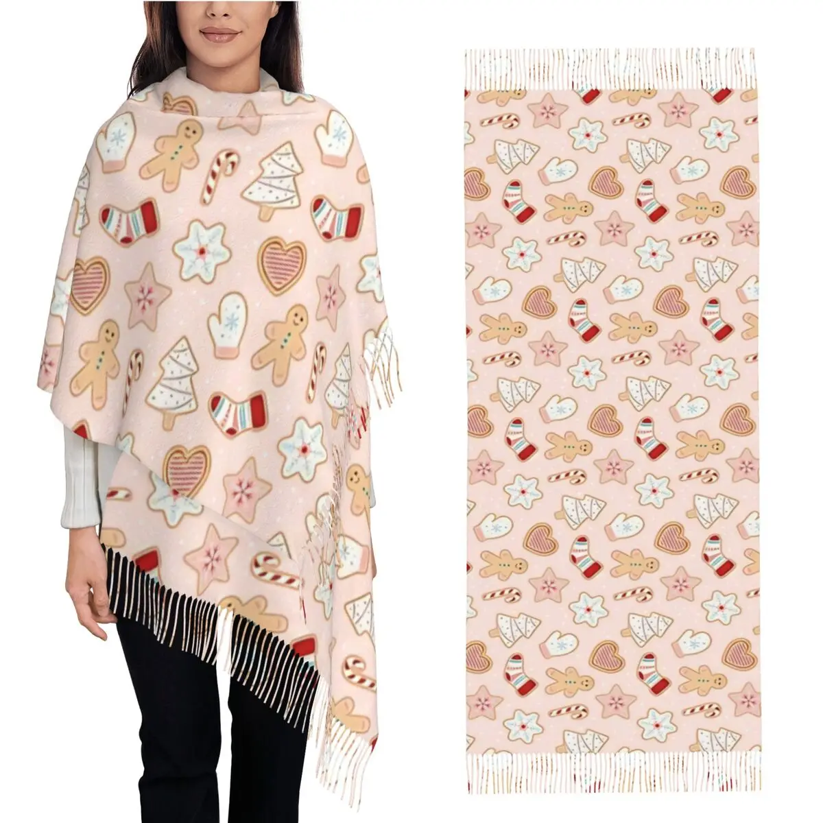 

Женский шарф с кисточками, рождественский пряничный узор, длинная мягкая теплая шаль и накидка, подарки, шарфы из пашмины