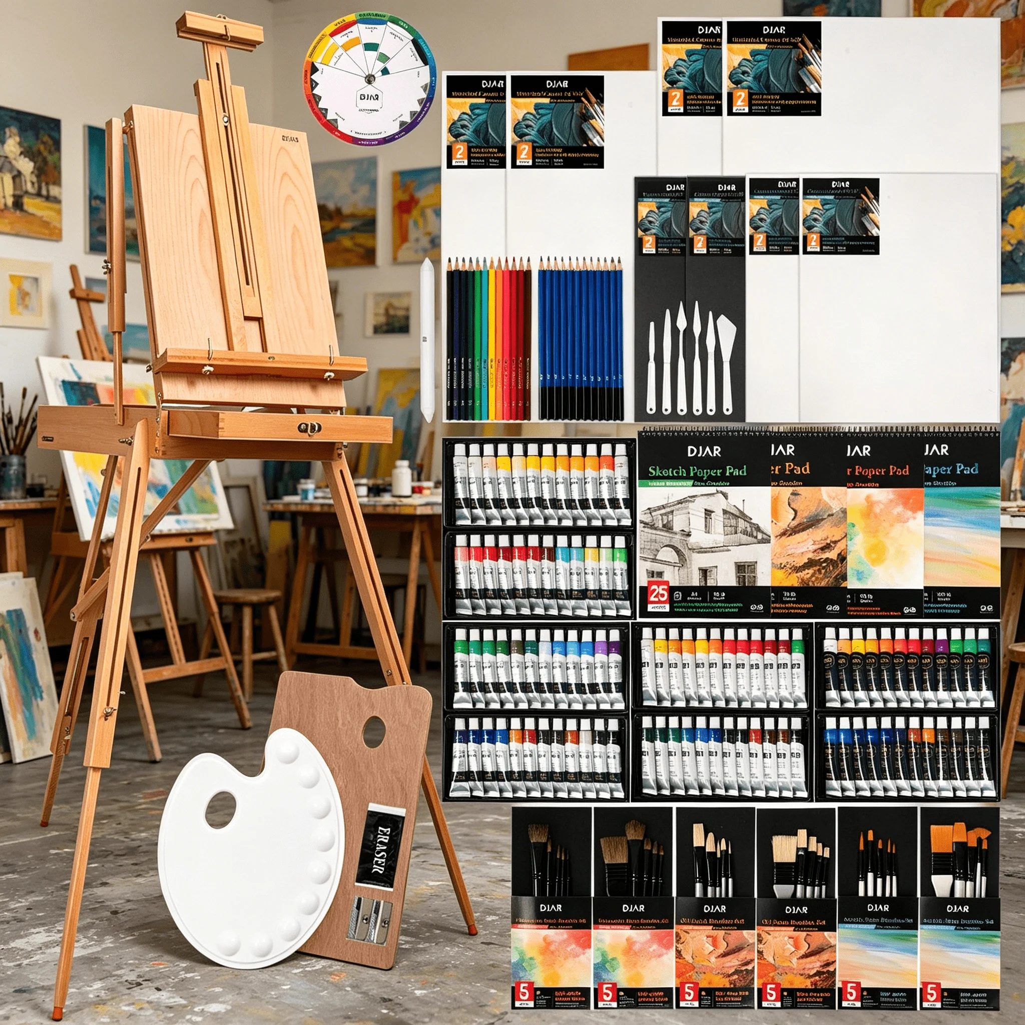 DJAR 169-Piece Wooden French Easel Art Painting Kit for Adults