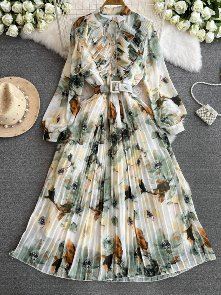 EWQ Contrast Color Print Dress For Women Fashion Ruffles Lantern Sleeves Belt Gathered Waist A-line Dresses 2024 New 27C262